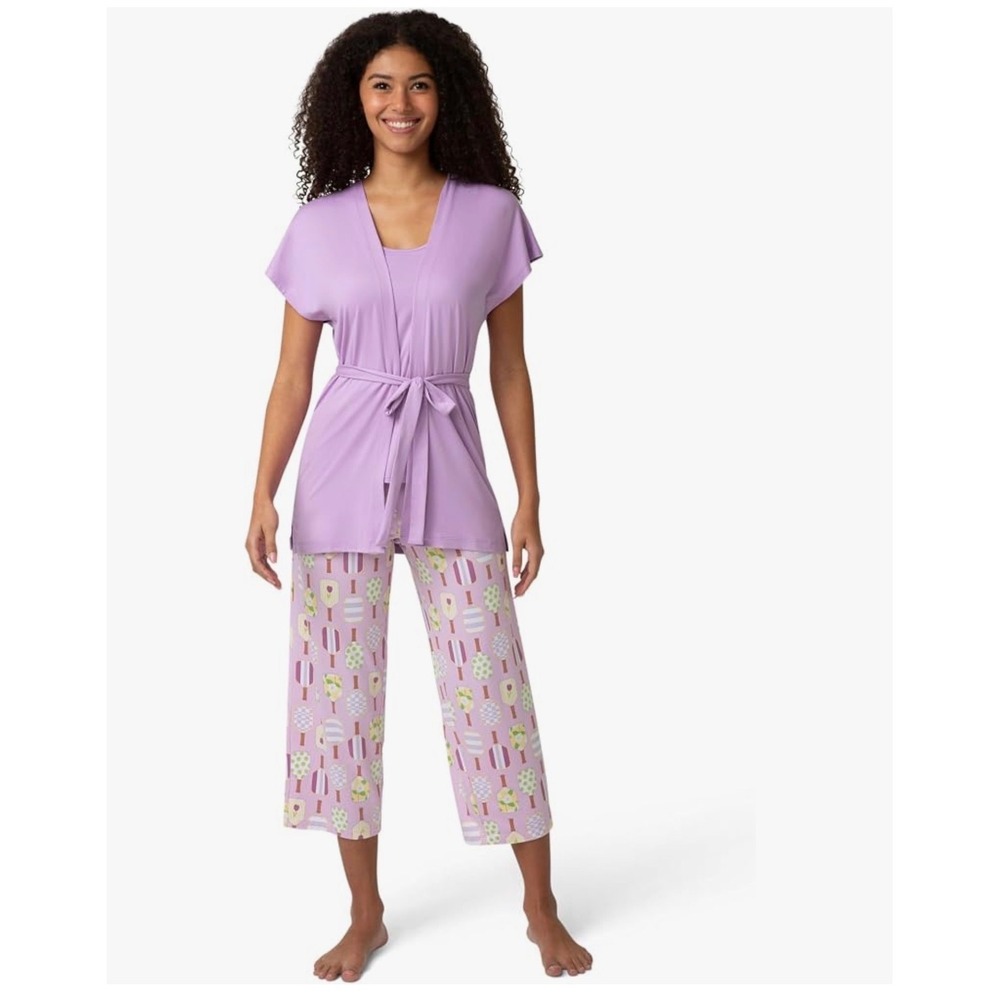 HUE 3pc Pajama Set African Violet Pickleball Paddle Print Tank Robe Pants S